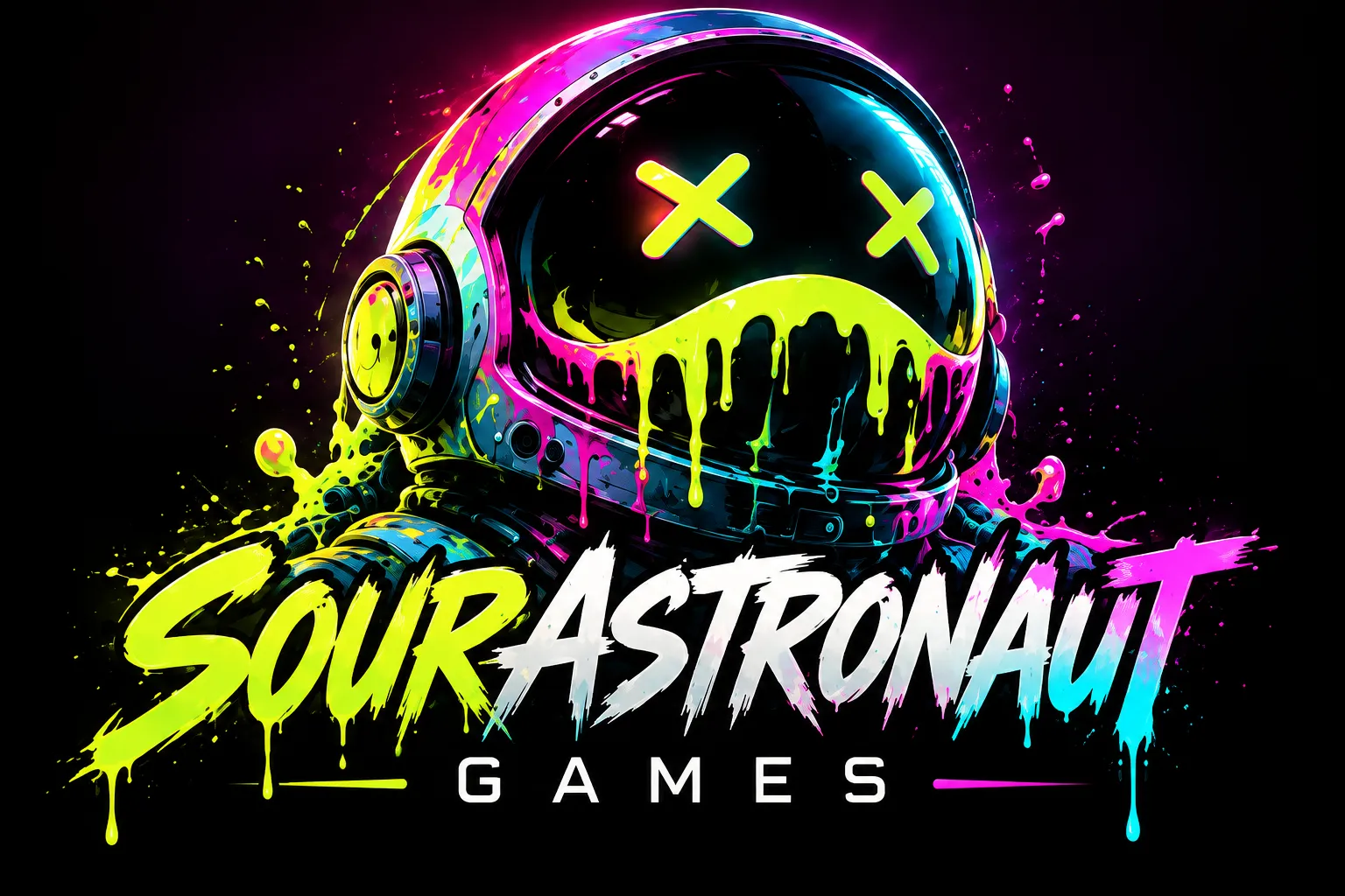 SourAstronaut’s neon astronaut helmet, splashed with lime, cyan, and magenta, above the studio logo